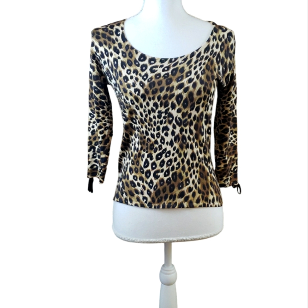 Silk Blend Womens Medium Knit Top Leopard Animal Print 3/4 Sleeve Lace Up Detail - Picture 1 of 7